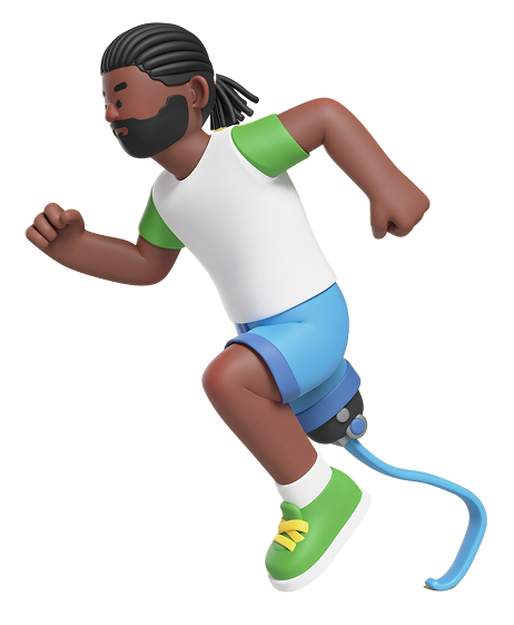 Running character with prosthetic leg